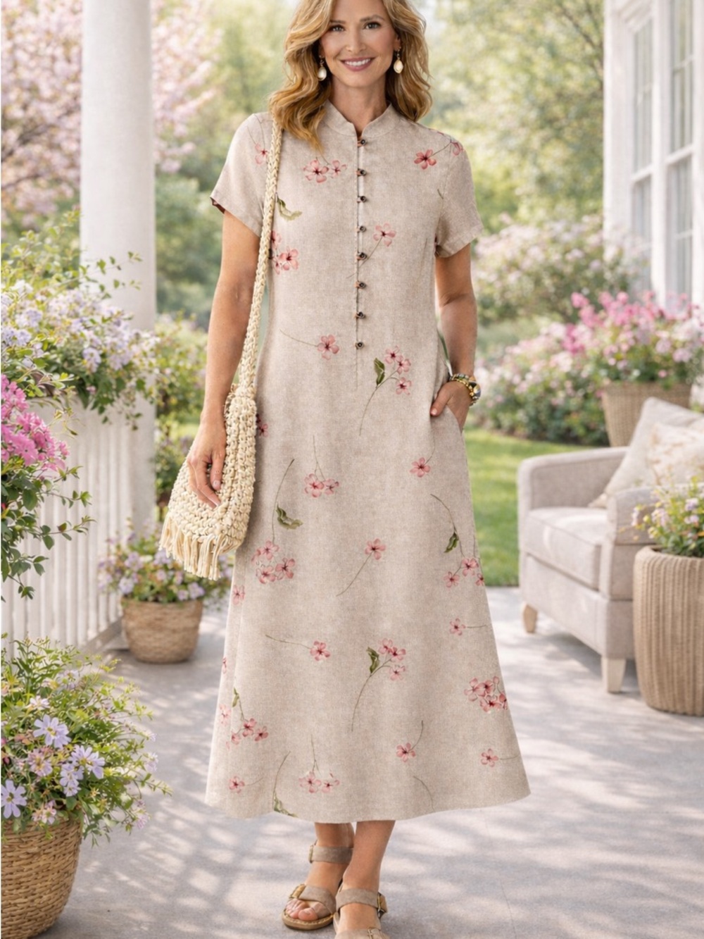 Cold Water Creek Linen Blend Floral Midi Dress | Spring Cottage Core | 10